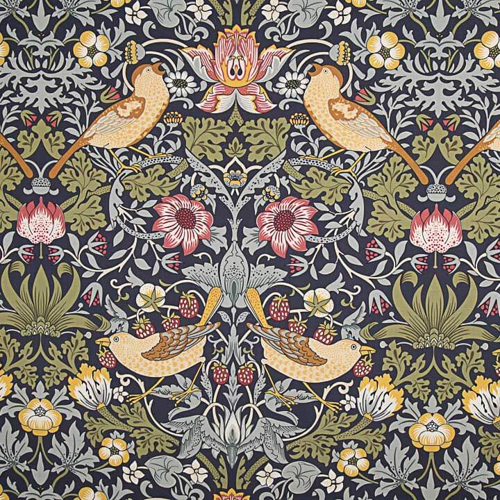 Toile de coton effet tissu de lin « Jardin d'oiseaux » bleu marine - Ribes y Casals