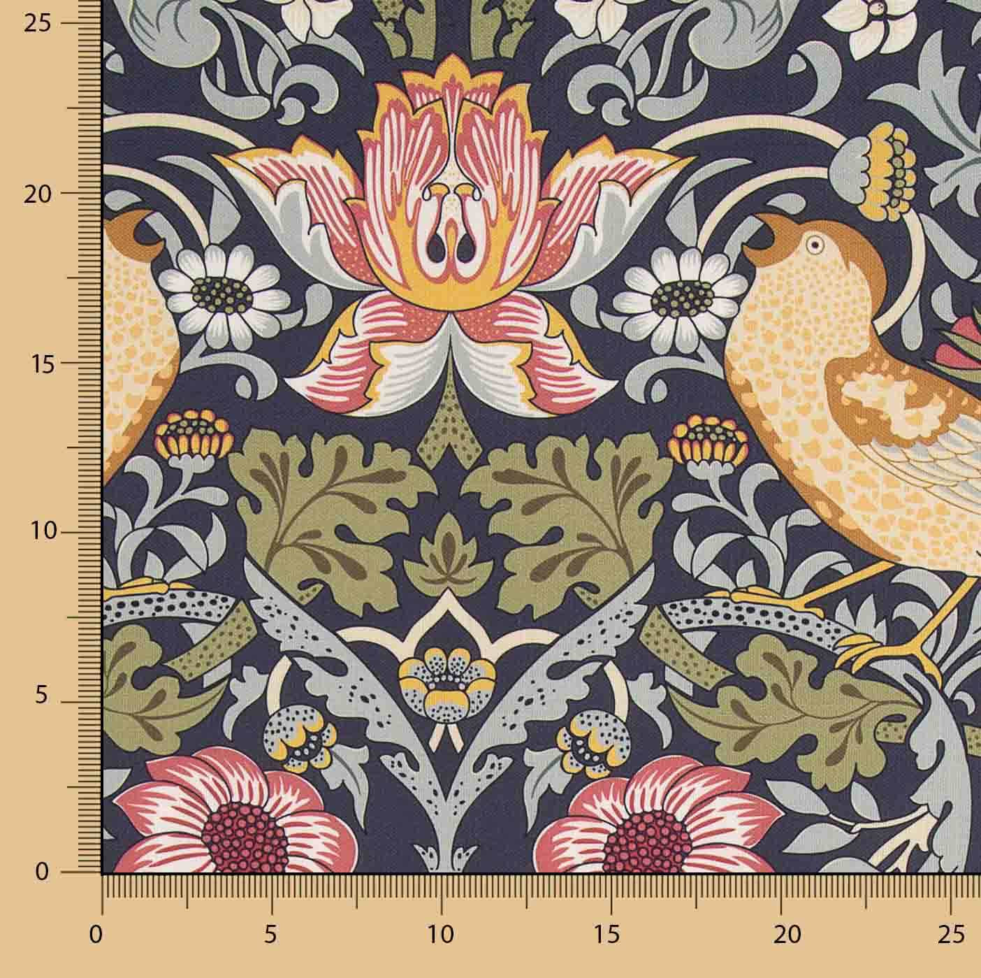 Toile de coton effet tissu de lin « Jardin d'oiseaux » bleu marine - Ribes y Casals