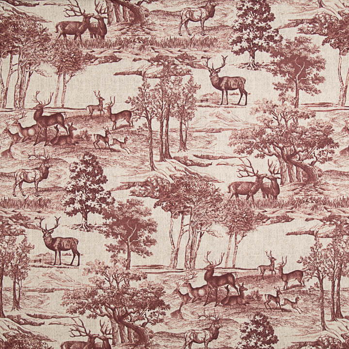 Toile de coton effet tissu de lin « Forêt de cerfs » grenat - Ribes y Casals