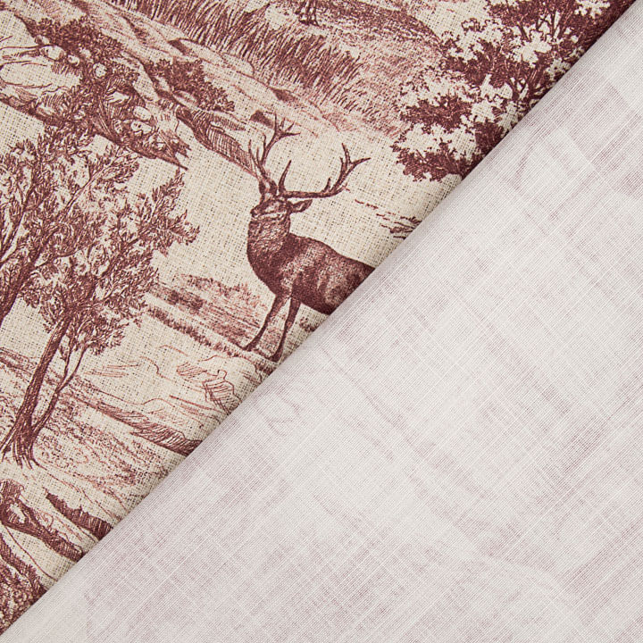 Toile de coton effet tissu de lin « Forêt de cerfs » grenat - Ribes y Casals
