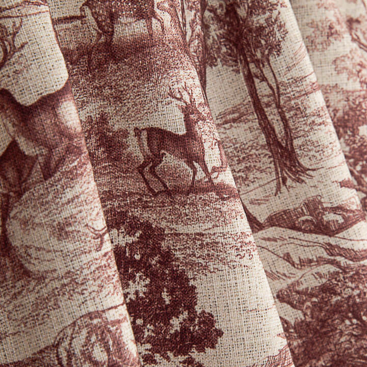 Toile de coton effet tissu de lin « Forêt de cerfs » grenat - Ribes y Casals