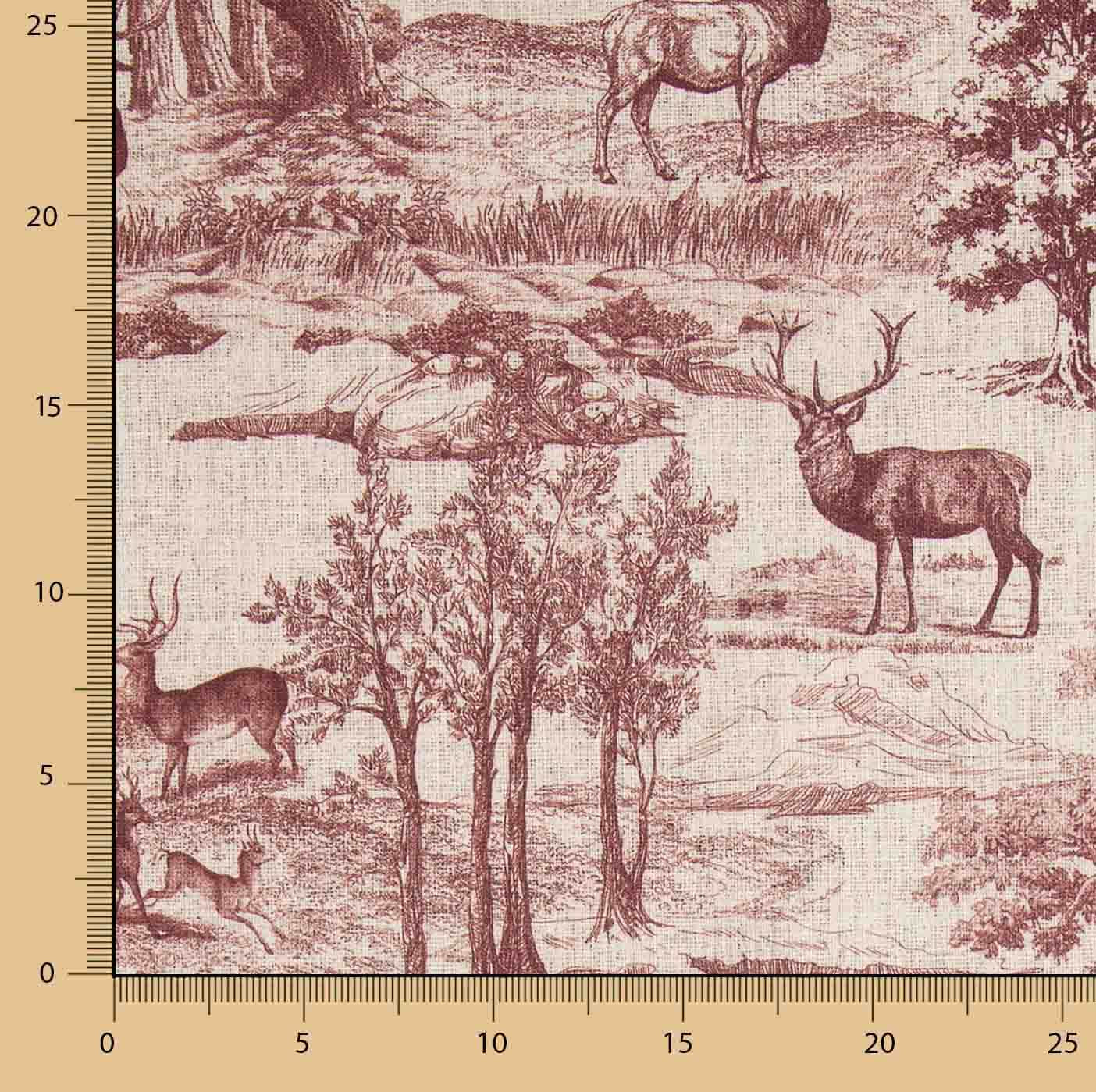 Toile de coton effet tissu de lin « Forêt de cerfs » grenat - Ribes y Casals