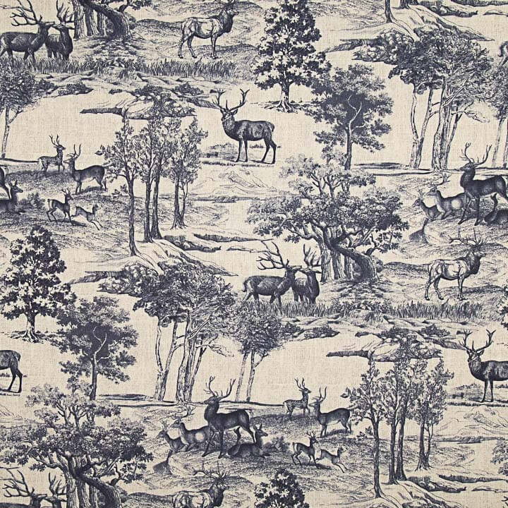 Toile de coton effet tissu de lin « Forêt de cerfs » bleu marine - Ribes y Casals