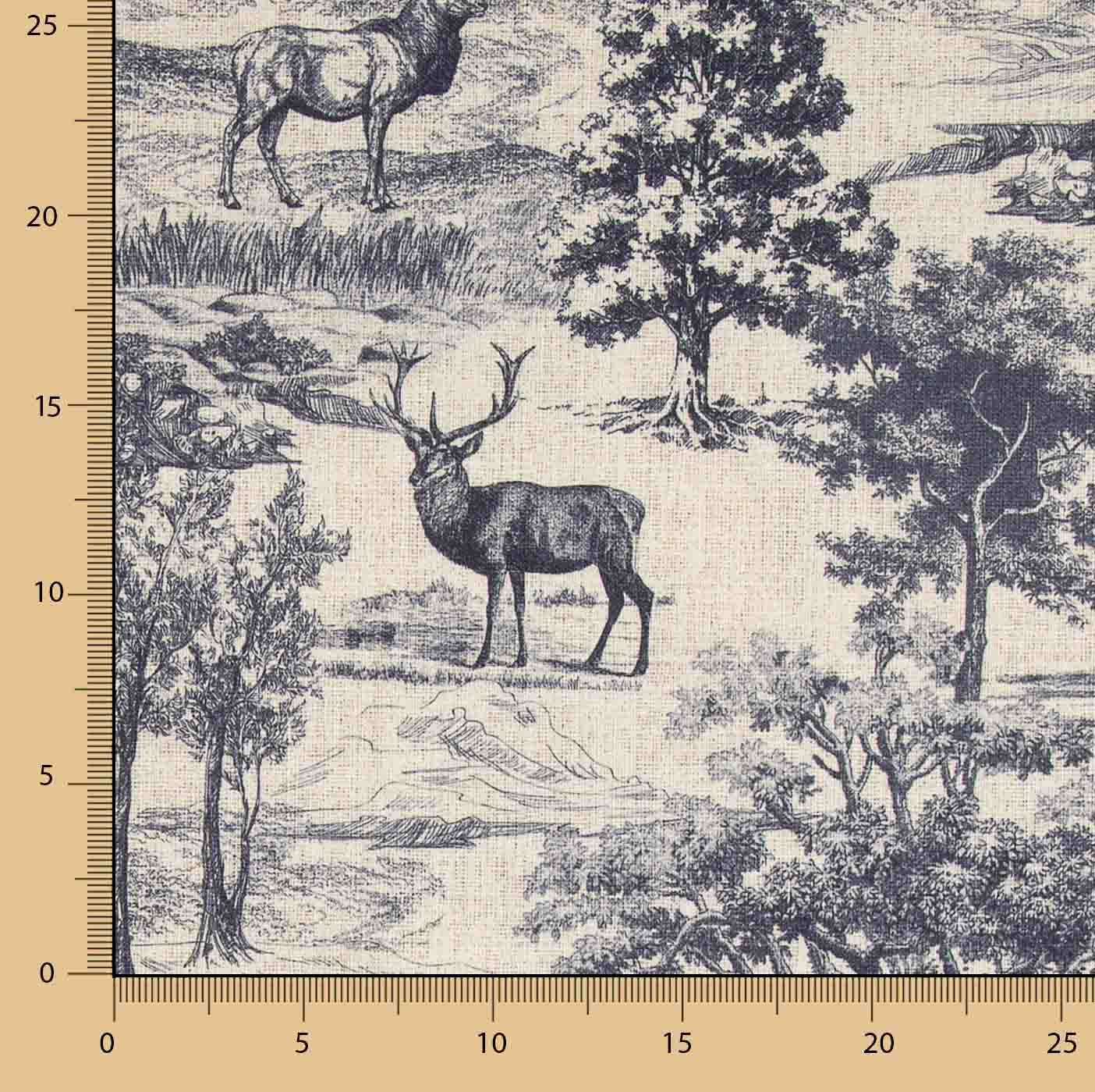 Toile de coton effet tissu de lin « Forêt de cerfs » bleu marine - Ribes y Casals