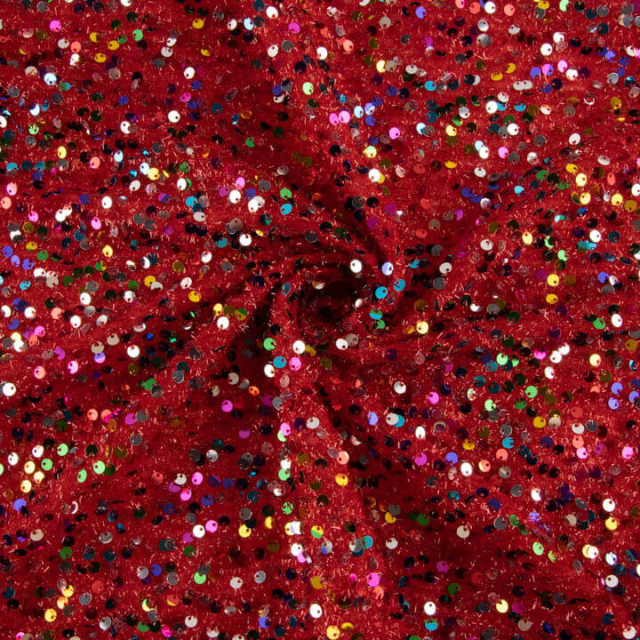 Tulle fantaisie rouge à sequins multicolores - Ribes y Casals