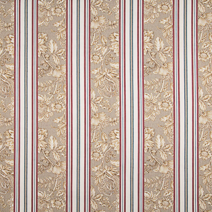 Toile de coton effet tissu de lin « Jardin de Versailles » à rayures beiges et grenat - Ribes y Casals