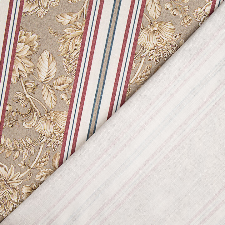 Toile de coton effet tissu de lin « Jardin de Versailles » à rayures beiges et grenat - Ribes y Casals