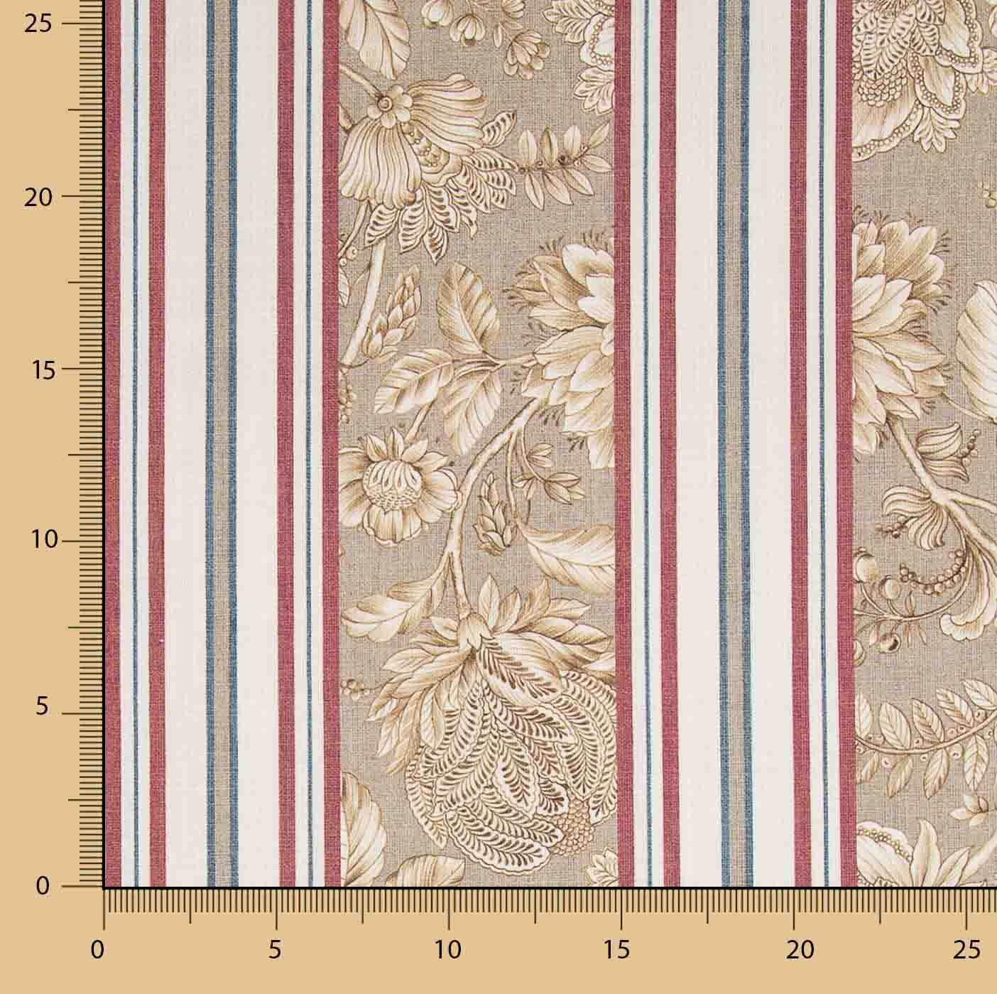 Toile de coton effet tissu de lin « Jardin de Versailles » à rayures beiges et grenat - Ribes y Casals