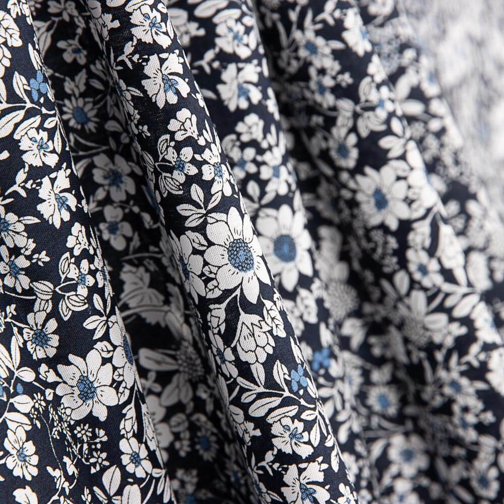 Popeline Coton Fleurs Bleu Marine - Ribes y Casals