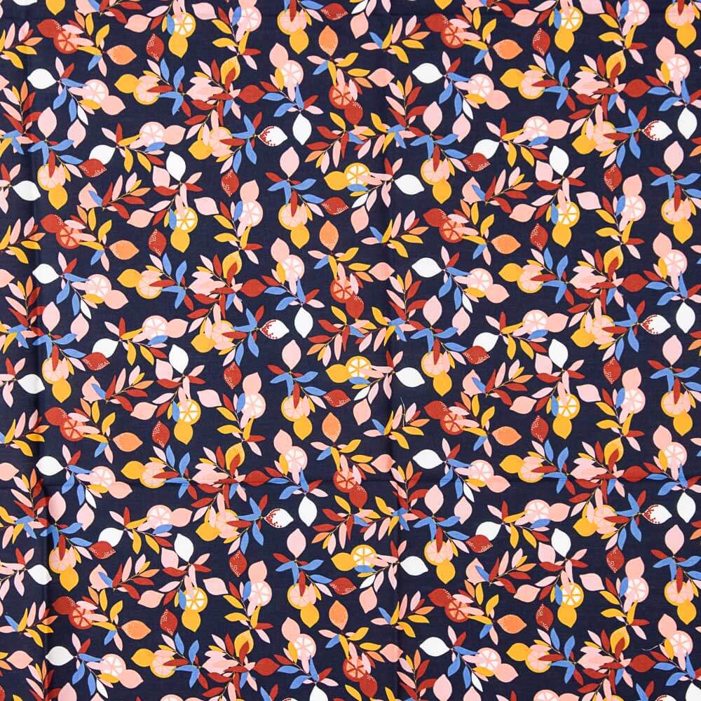 Popeline Coton Citron Bleu Marine - Ribes y Casals