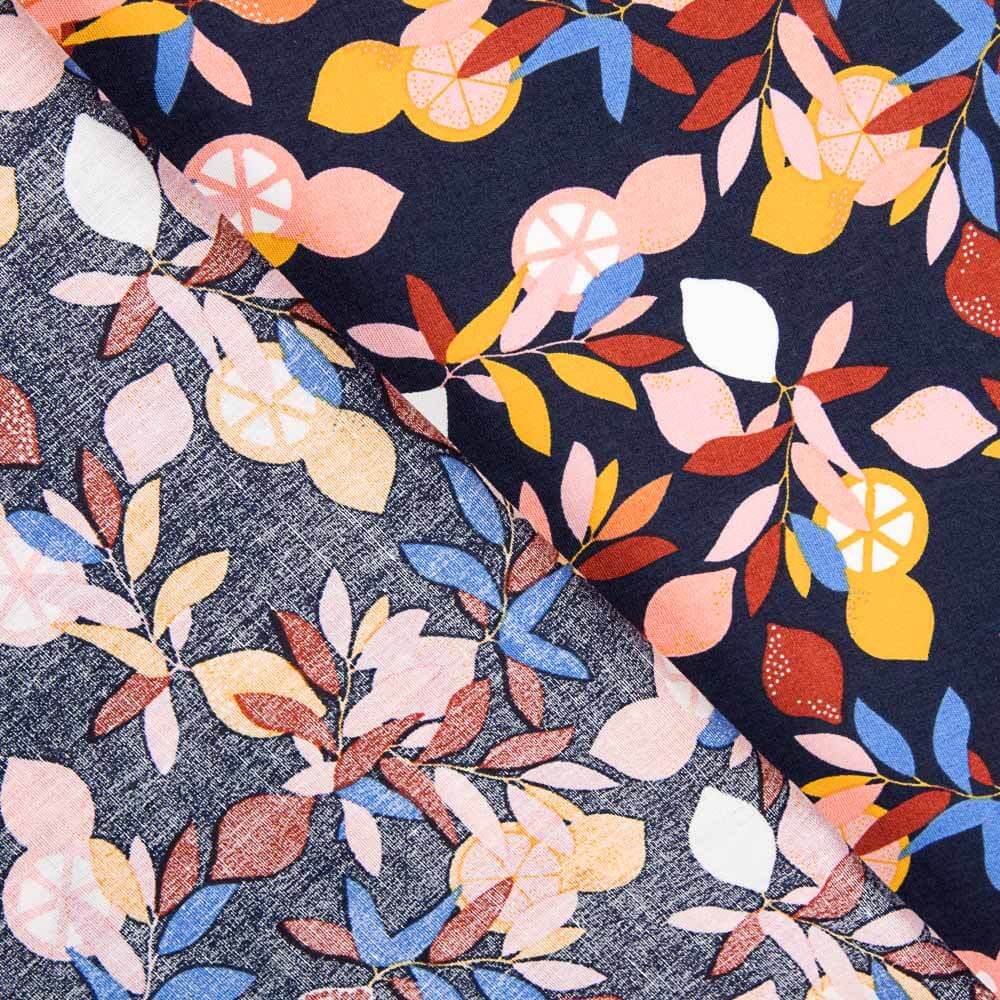 Popeline Coton Citron Bleu Marine - Ribes y Casals