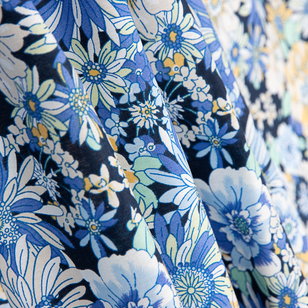 Popeline Coton Fleurs Sauvages Bleu Jean - Ribes y Casals