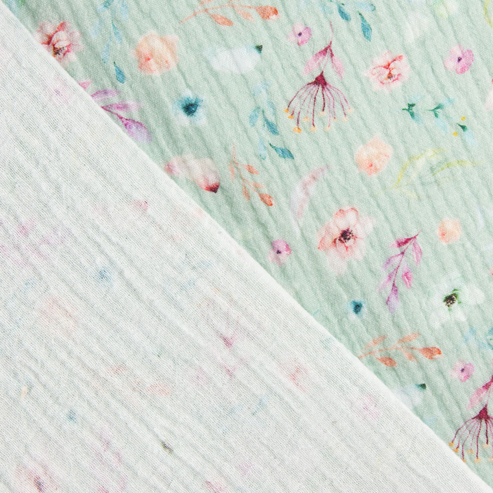 Tissu Mousseline Coton Vert Menthe Fleurs - Ribes y Casals