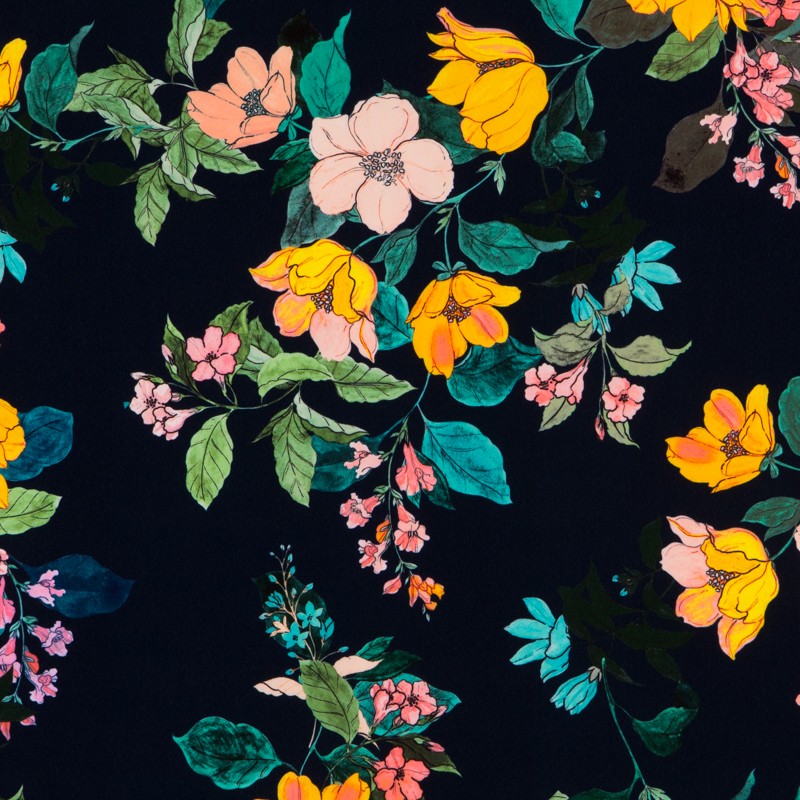 Crêpe Viscose Floral Bleu Gris - Ribes y Casals