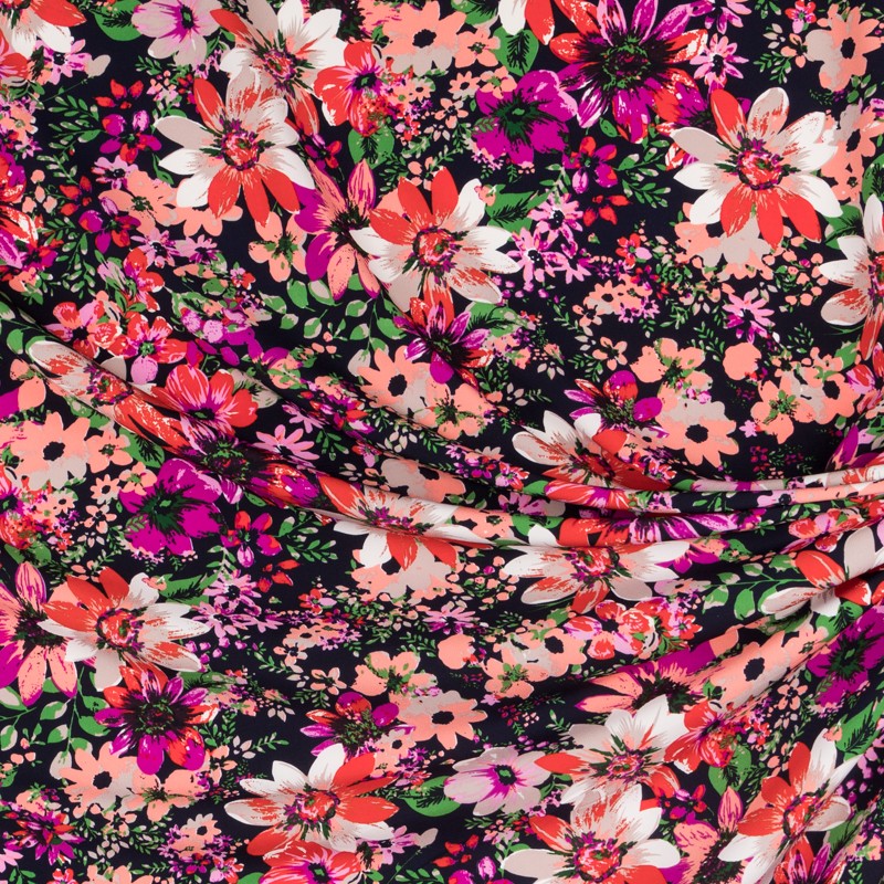 Crepe Fleurs Explosion Rouge Fond Marine - Ribes y Casals