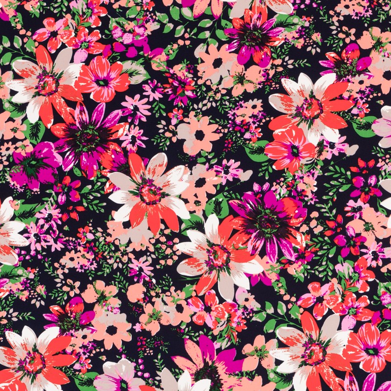 Crepe Fleurs Explosion Rouge Fond Marine - Ribes y Casals