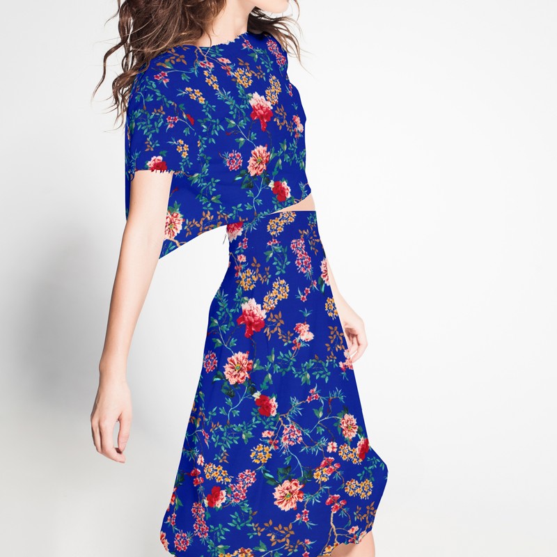 Crêpe Viscose Floral Bleu Gris - Ribes y Casals