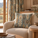 Toile de coton effet tissu de lin Ikat oriental bleu-vert - Ribes y Casals