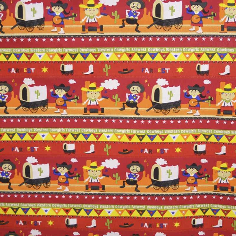 Imprimé Coton Cow-boy Fond Rouge - Ribes y Casals