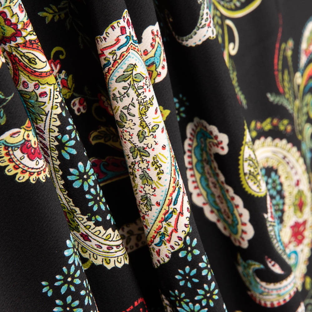 Crêpe Polyester Motif Cachemire Noir - Ribes y Casals