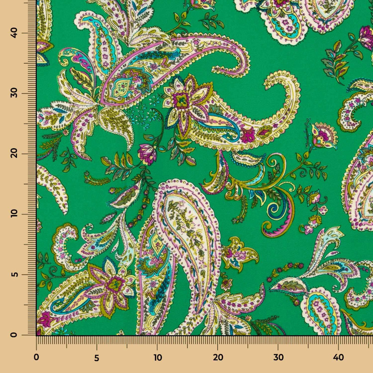 Polyester Crêpe Motif Paisley Vert Jade - Ribes y Casals