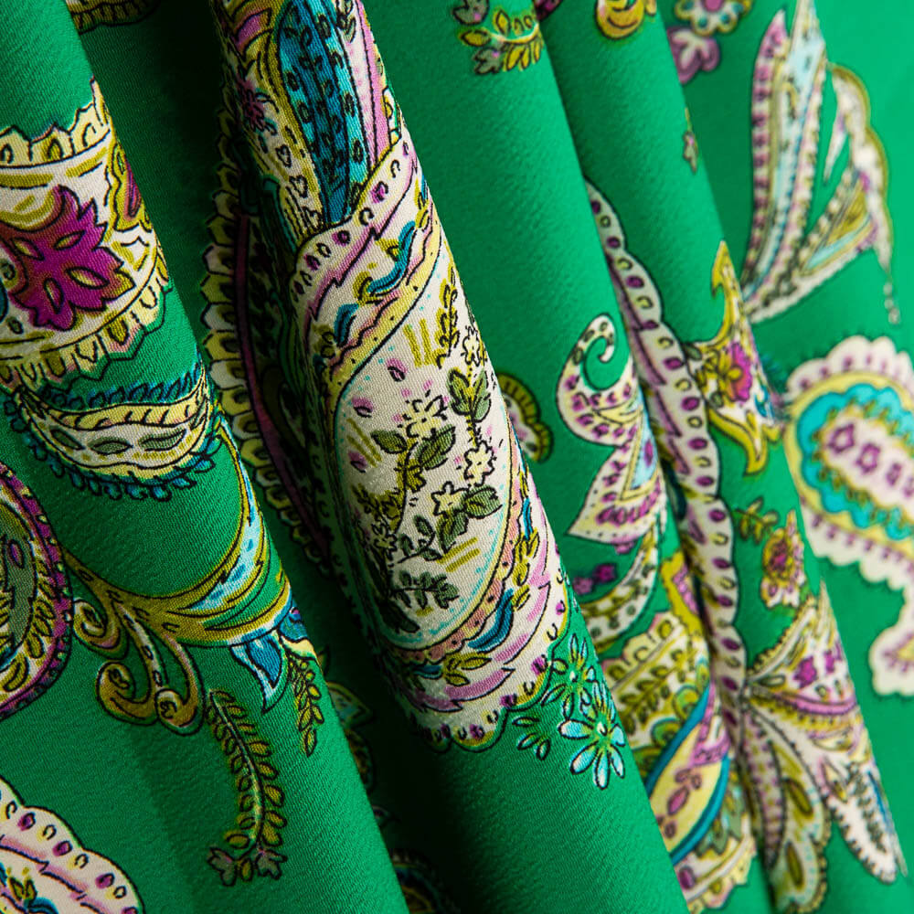 Polyester Crêpe Motif Paisley Vert Jade - Ribes y Casals