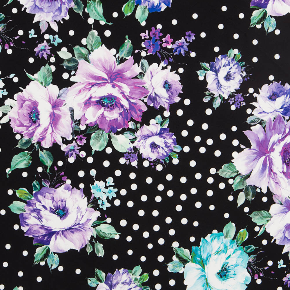 Bi-stretch Cretonne Pois Noir Mauve - Ribes y Casals