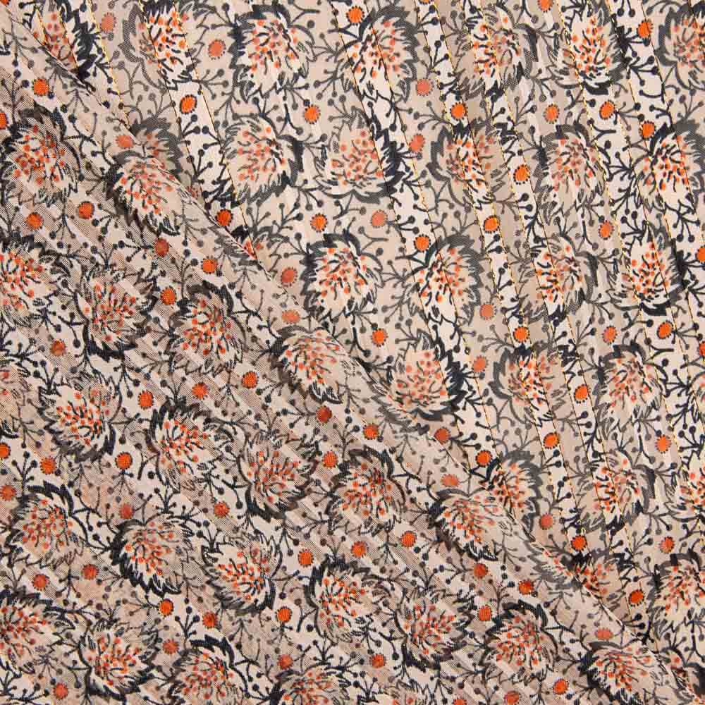 Mousseline Satin Lurex Feuilles Beige - Ribes y Casals