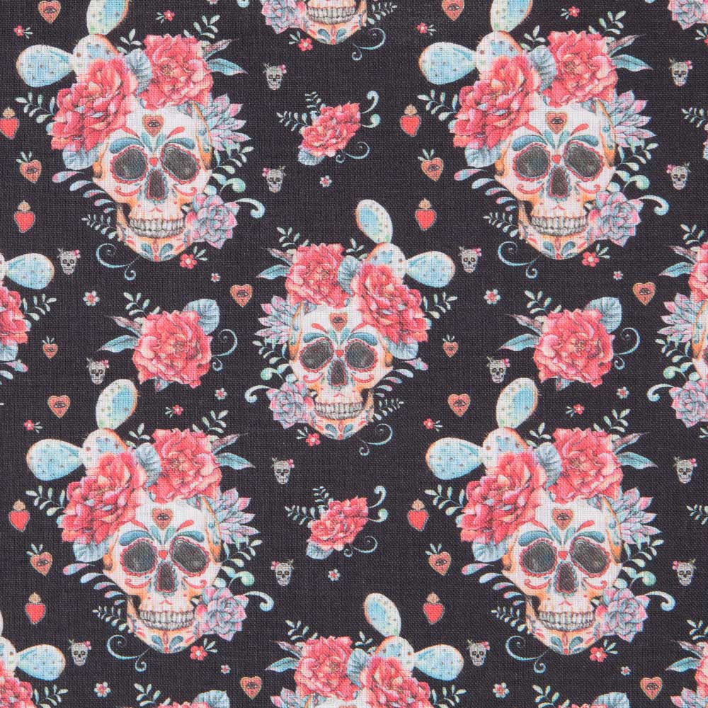 Tissu Coton Catrina Cactus Noir - Ribes y Casals
