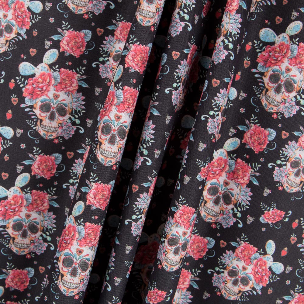 Tissu Coton Catrina Cactus Noir - Ribes y Casals