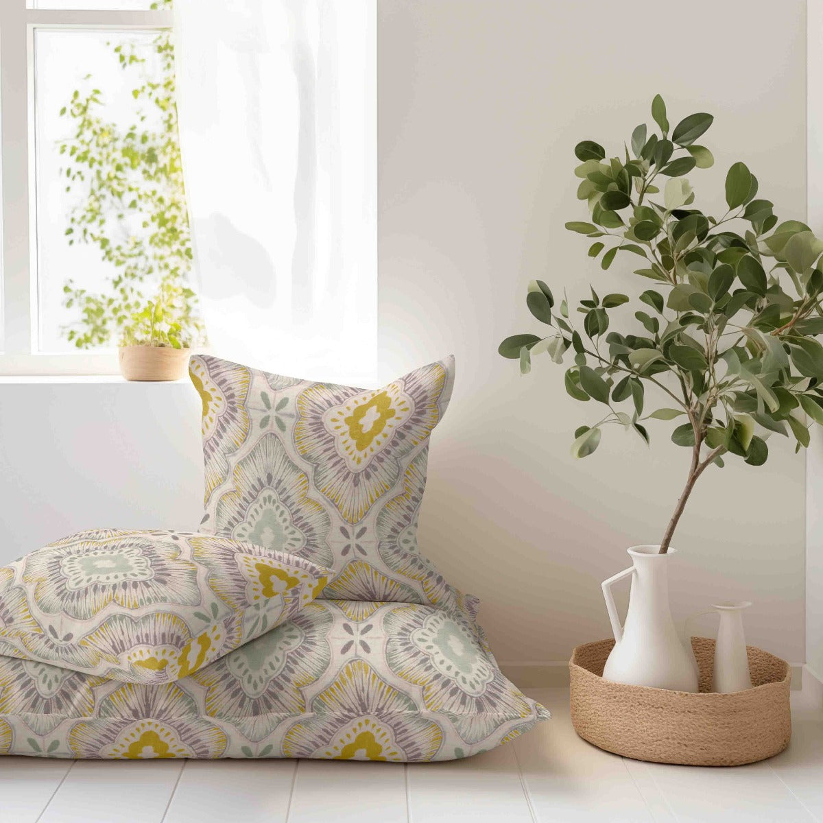 Linge de lit en lin épais imprimé floral moutarde - Ribes y Casals