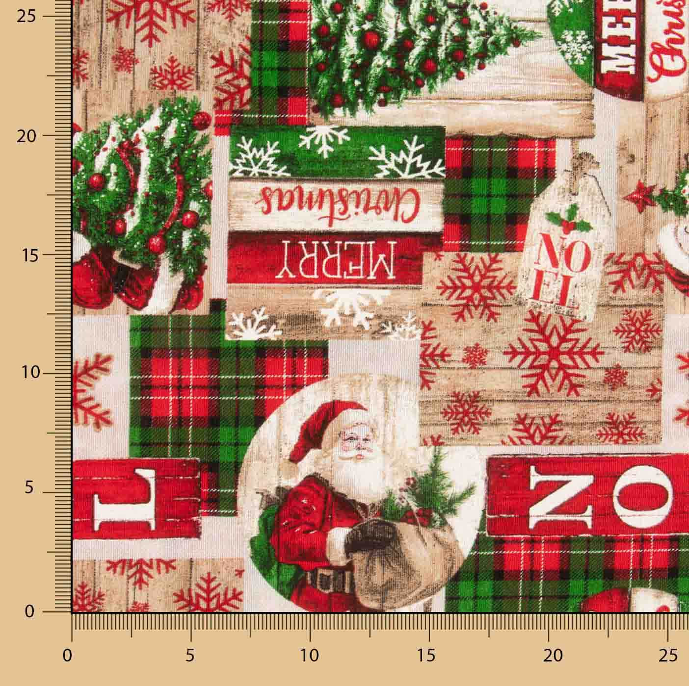 Toile de coton imprimée Noël : Père Noël et tartan - Ribes y Casals
