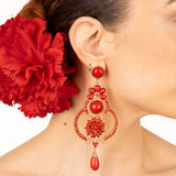 Boucles d&#39;oreilles flamenco avec fleur, anneau, résine rouge et accents dorés - Ribes y Casals