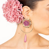 Boucles d&#39;oreilles flamenco avec rose mauve et goutte - Ribes y Casals