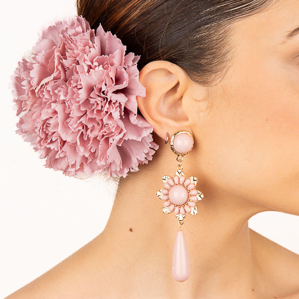 Boucles d&#39;oreilles flamenco avec fleur rose et goutte - Ribes y Casals