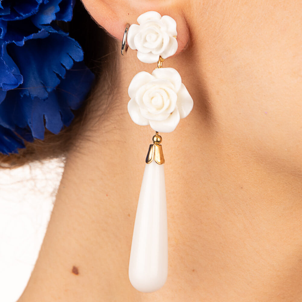 Boucles d&#39;oreilles flamenco avec goutte rose et blanche - Ribes y Casals