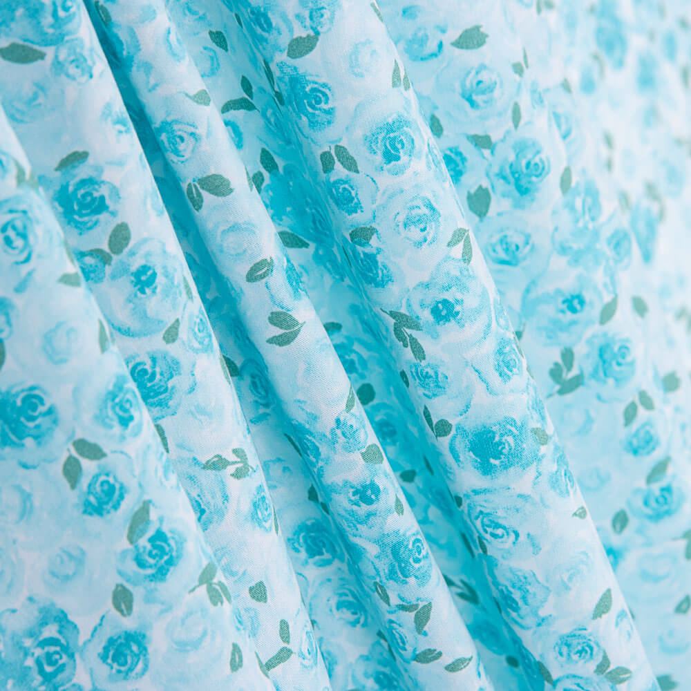 Popeline En Coton Bio Roses Jardin Bleu - Ribes y Casals