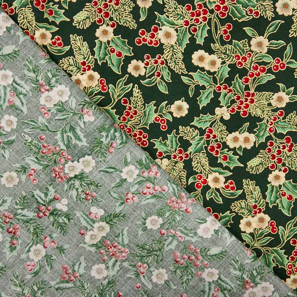 Popeline de Noël Verte à Fleurs - Ribes y Casals