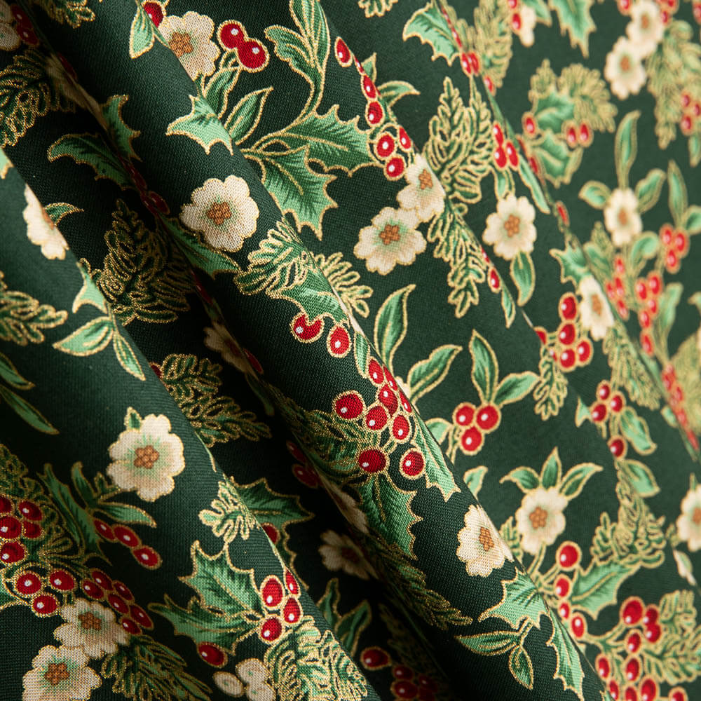 Popeline de Noël Verte à Fleurs - Ribes y Casals