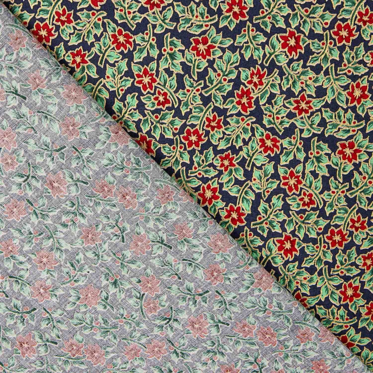 Popeline de Coton Poinsettias Verts - Ribes y Casals