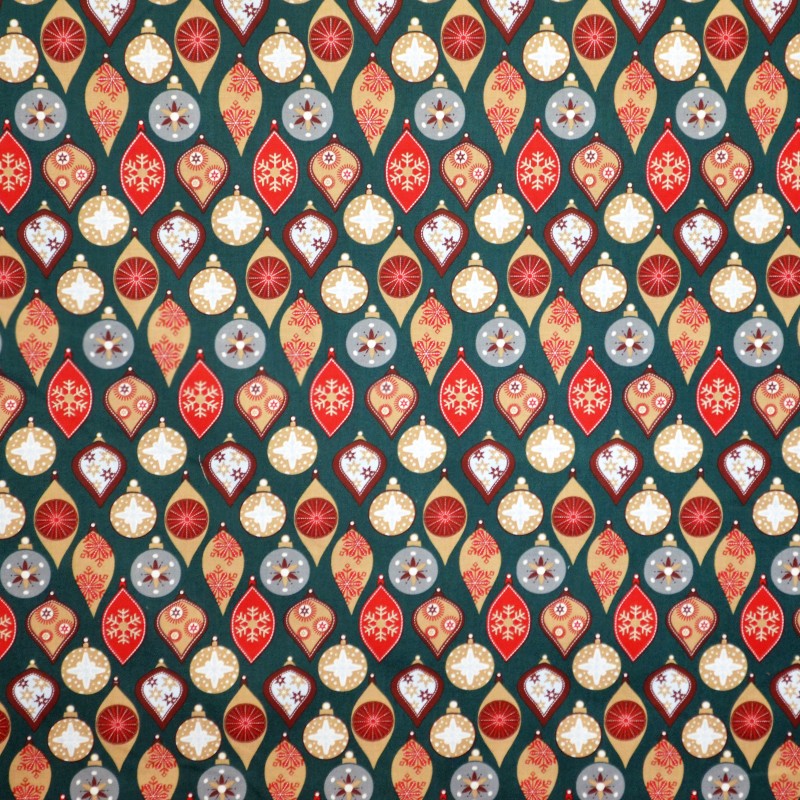 Tissu Noël Ornements Fond Vert Foncé - Ribes y Casals