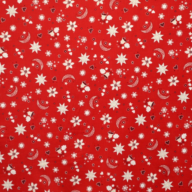 Tissu Noël Étoiles Lune Fond Rouge - Ribes y Casals