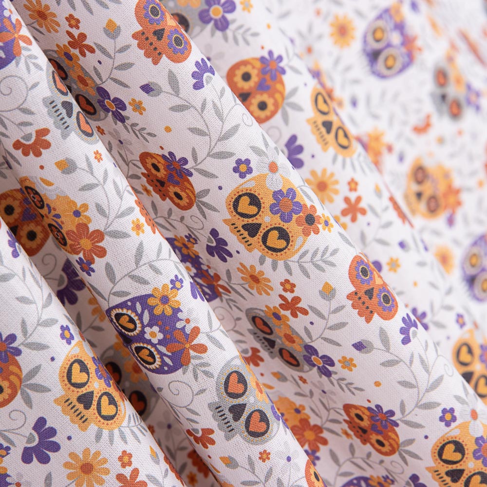 Popeline Coton Crânes Orange - Ribes y Casals