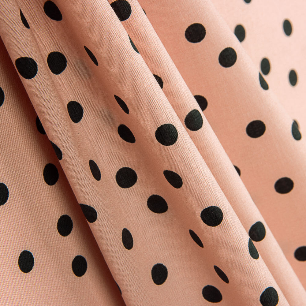 Popeline Polaire Spandex Pois Noir 7mm Rose - Ribes y Casals