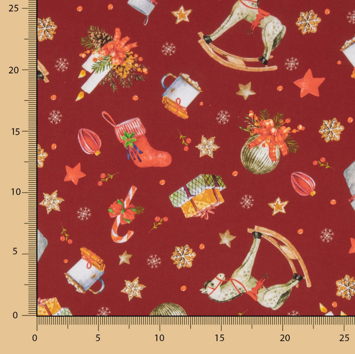 Popeline de Noël – Cheval à bascule sur fond bordeaux - Ribes y Casals