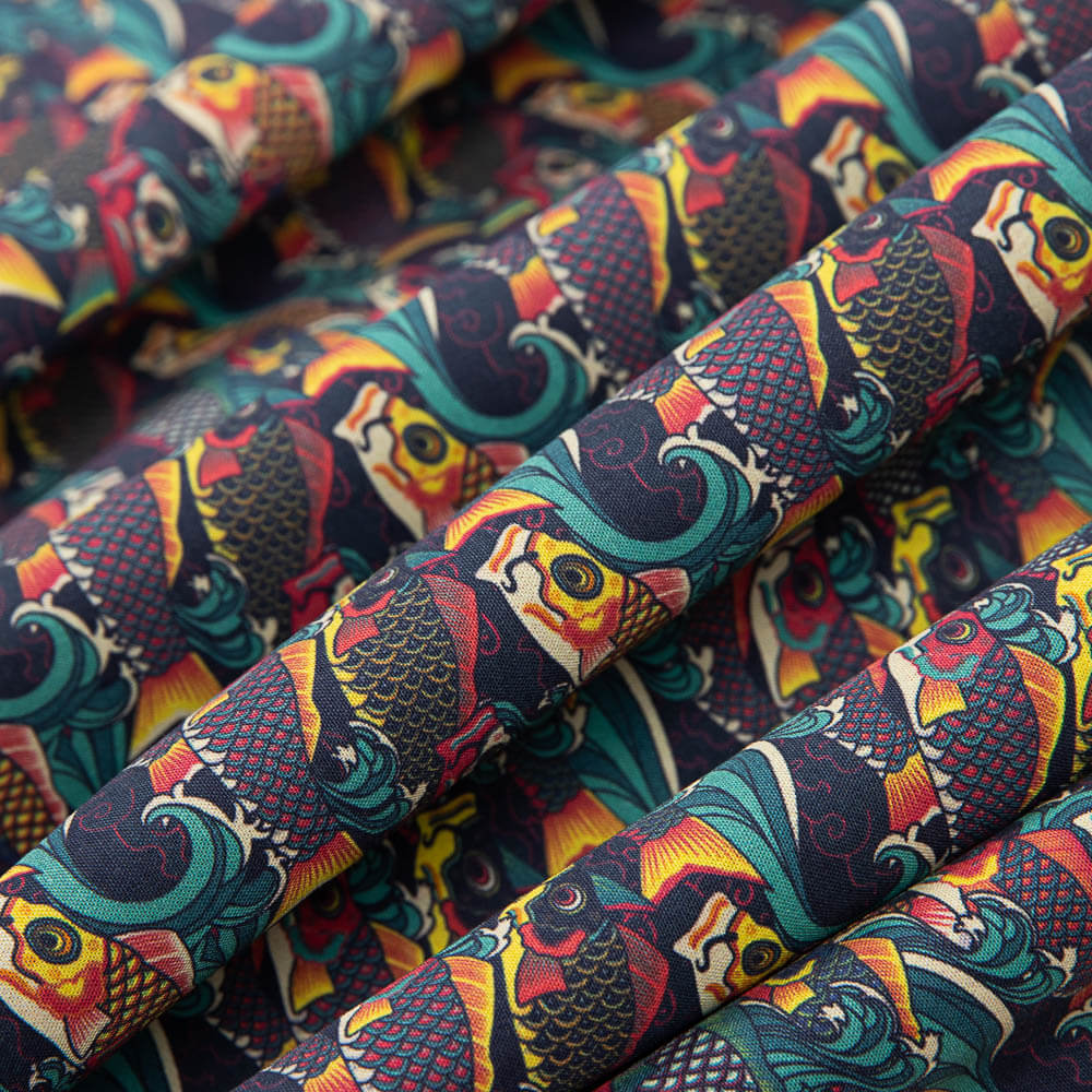 Popeline Coton Poisson Koi Vert - Ribes y Casals