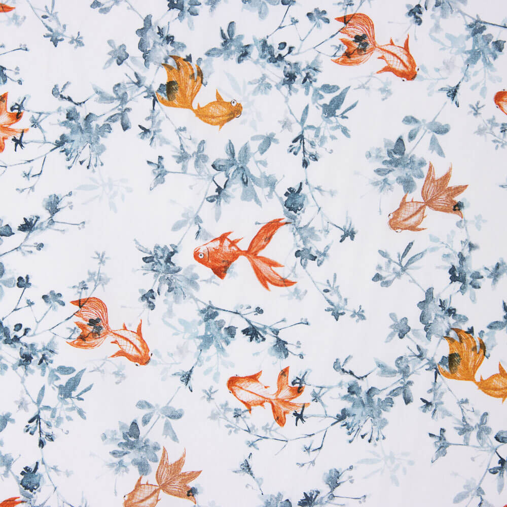 Popeline Coton Poisson Koi Blanc - Ribes y Casals