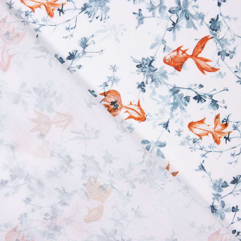 Popeline Coton Poisson Koi Blanc - Ribes y Casals