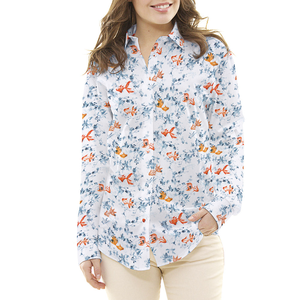 Popeline Coton Poisson Koi Blanc - Ribes y Casals