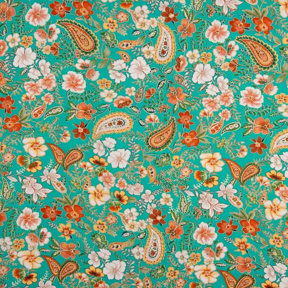 Popelín Viscosa Flor Verde - Ribes y Casals